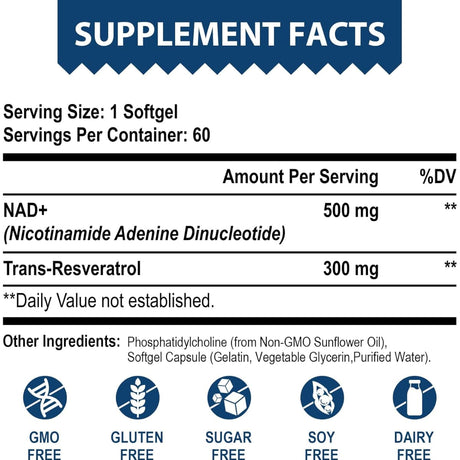 Tabla nutricional del suplemento Lepoznan - NAD+ Liposomal con Trans-Resveratrol (500 mg - 60 Cápsulas blandas)