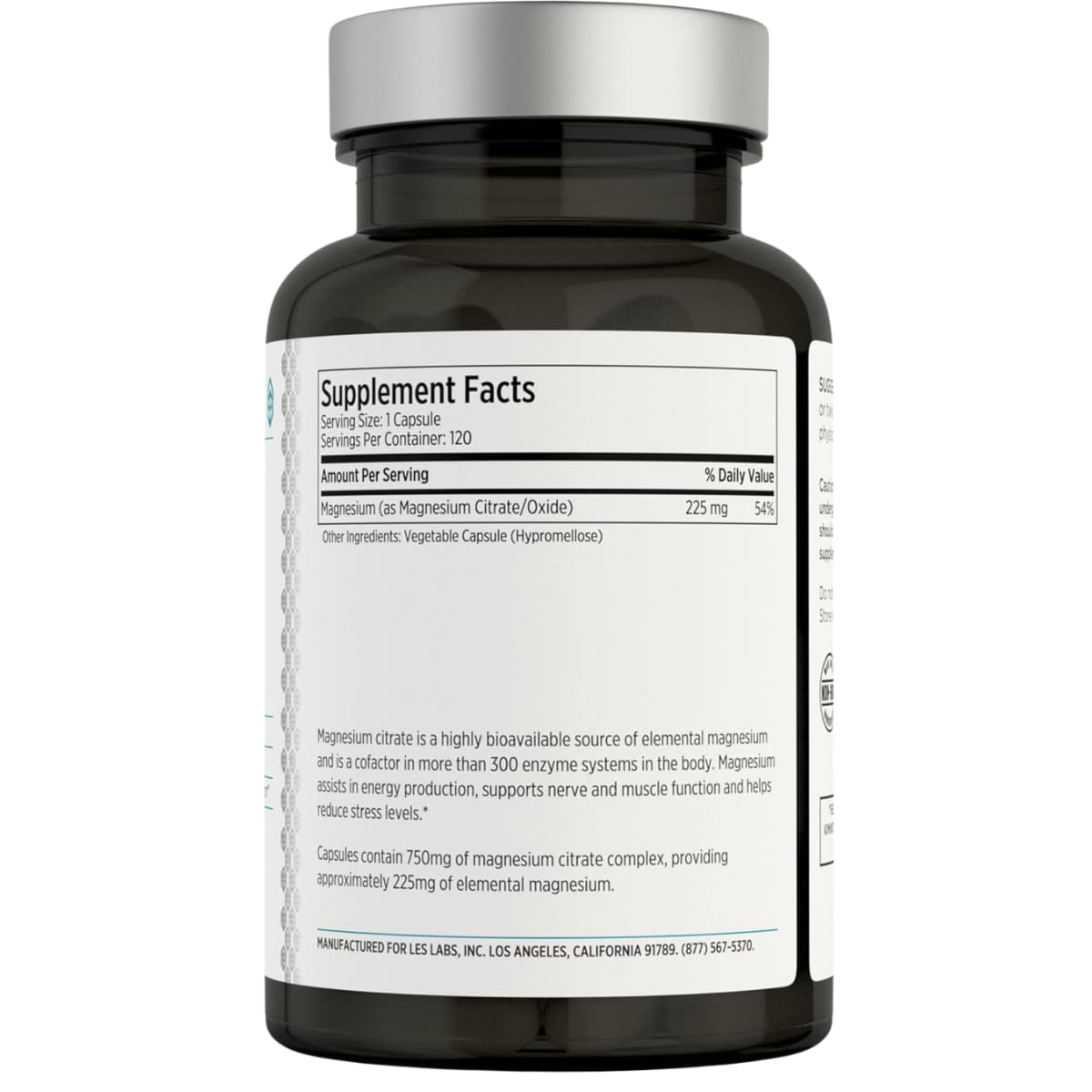 Tabla nutricional del suplemento LESlabs Citrato de Magnesio 120 cápsulas