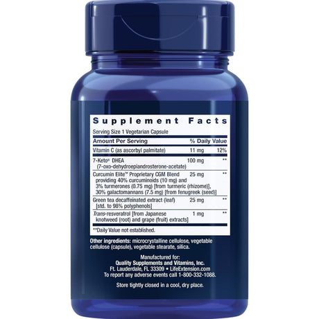 Tabla nutricional del suplemento Life Extension 7-Keto DHEA 100 mg 60 cápsulas