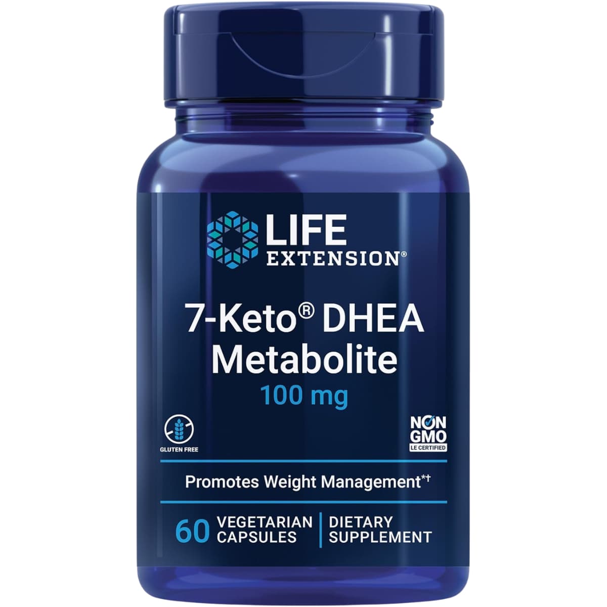 Frasco de suplemento Life Extension 7-Keto DHEA 100 mg 60 cápsulas