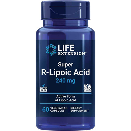 Frasco del suplemento Life Extension Ácido R‑Lipoico Súper 240 mg en cápsulas vegetarianas, presentación de 60 unidades.