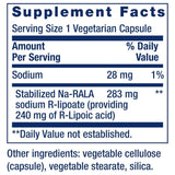 Etiqueta del suplemento Life Extension Ácido R‑Lipoico Súper con información de composición y cantidad por porción.
