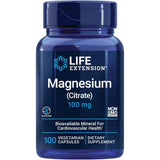 Frasco frontal de Life Extension citrato de magnesio 100 mg, presentación de 100 cápsulas vegetarianas.