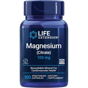Frasco frontal de Life Extension citrato de magnesio 100 mg, presentación de 100 cápsulas vegetarianas.