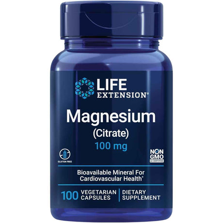 Frasco frontal de Life Extension citrato de magnesio 100 mg, presentación de 100 cápsulas vegetarianas.