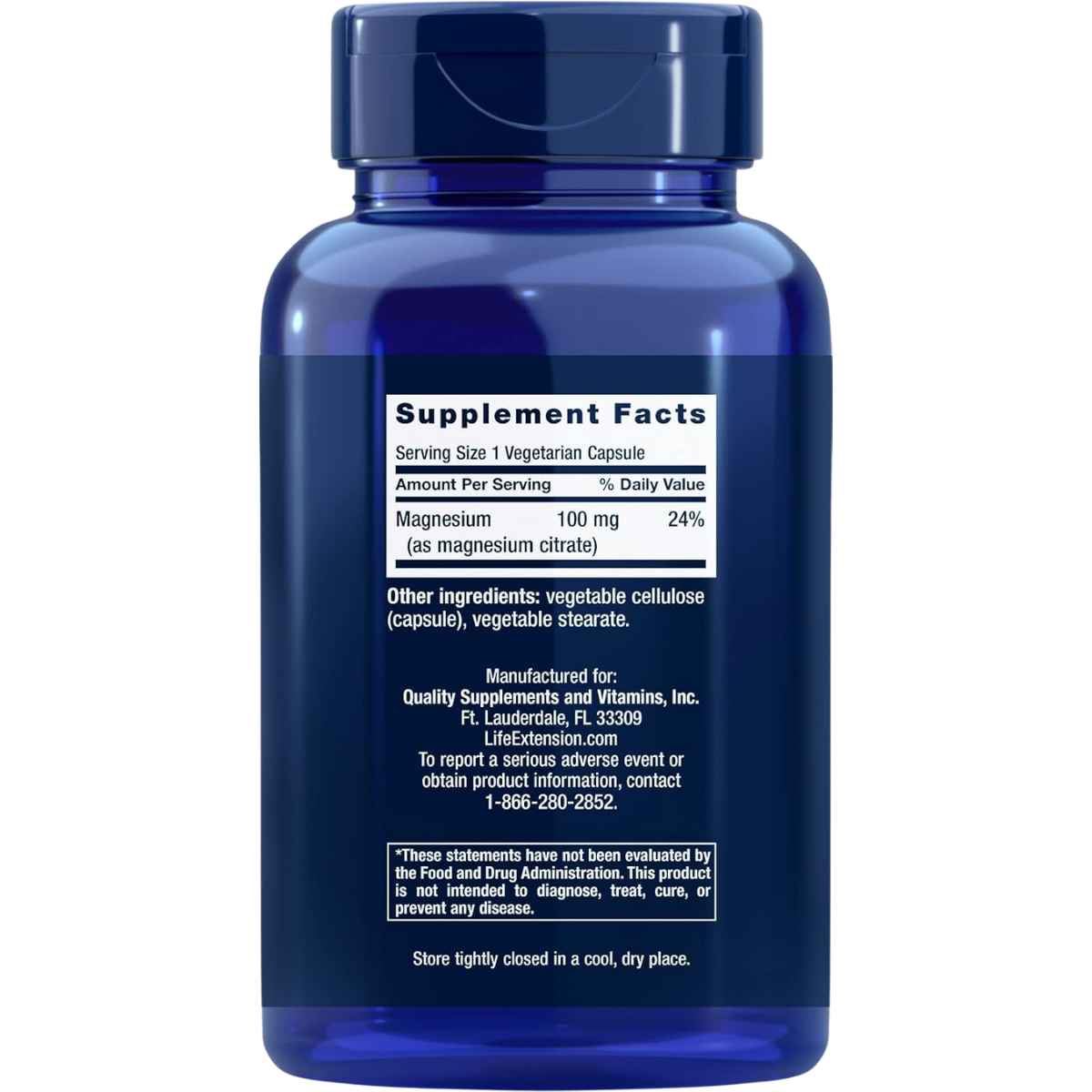Información del suplemento de Life Extension citrato de magnesio 100 mg, presentación de 100 cápsulas vegetarianas.
