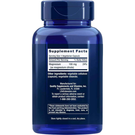 Información del suplemento de Life Extension citrato de magnesio 100 mg, presentación de 100 cápsulas vegetarianas.