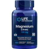Frasco frontal de Life Extension citrato de magnesio 100 mg, presentación de 180 cápsulas vegetarianas.