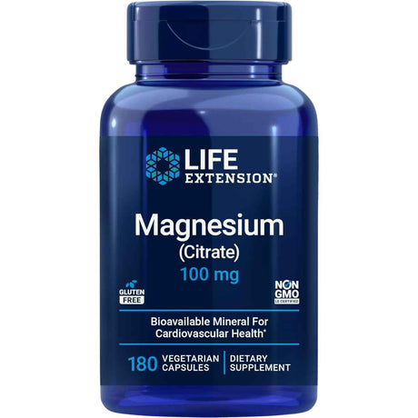 Frasco frontal de Life Extension citrato de magnesio 100 mg, presentación de 180 cápsulas vegetarianas.