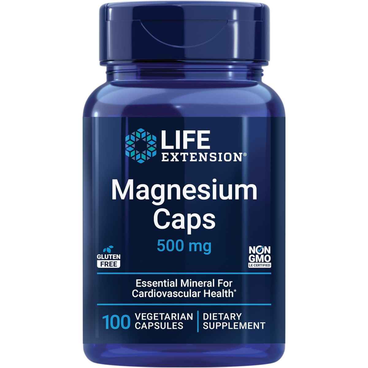 Frasco frontal de Life Extension complejo de magnesio 500 mg, presentación de 100 cápsulas vegetarianas.