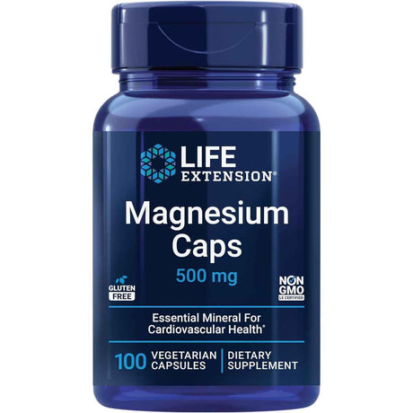 Frasco frontal de Life Extension complejo de magnesio 500 mg, presentación de 100 cápsulas vegetarianas.