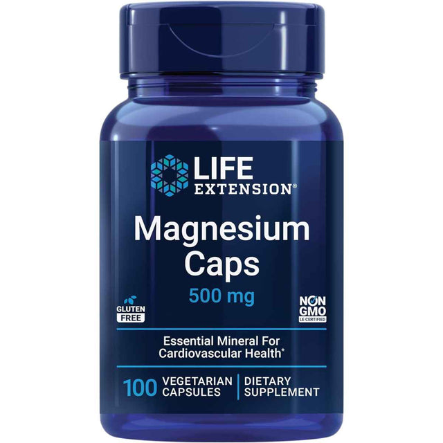 Frasco frontal de Life Extension complejo de magnesio 500 mg, presentación de 100 cápsulas vegetarianas.