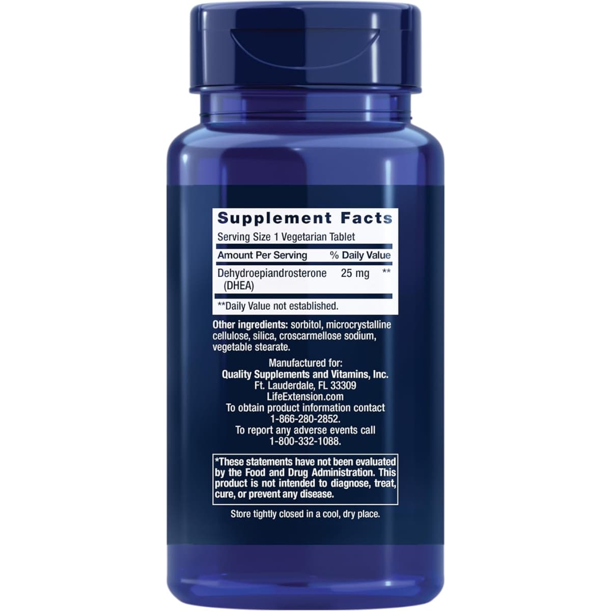 Tabla nutricional del suplemento Life Extension DHEA 25 mg 100 tabletas
