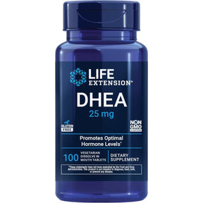 Frasco de suplemento Life Extension DHEA 25 mg 100 tabletas