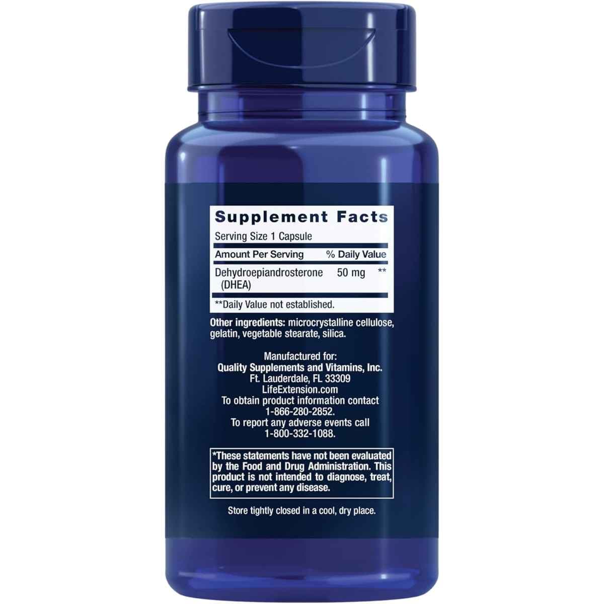 Etiqueta de suplemento de Life Extension DHEA 50 mg con información de porción e ingredientes