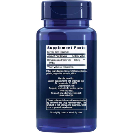 Etiqueta de suplemento de Life Extension DHEA 50 mg con información de porción e ingredientes