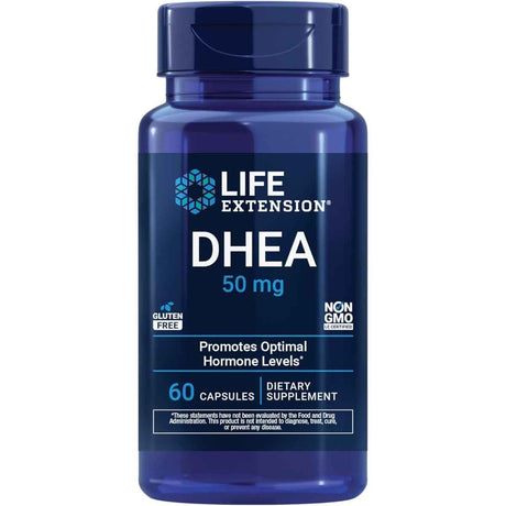 Frasco frontal de Life Extension DHEA 50 mg en presentación de 60 cápsulas