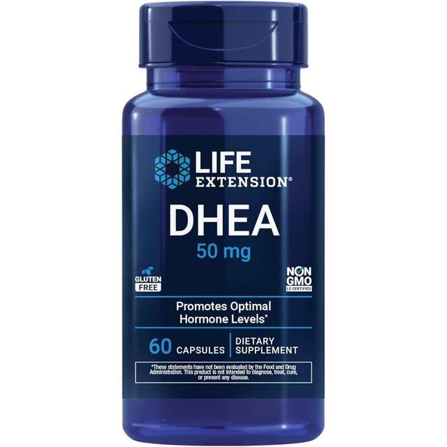 Frasco frontal de Life Extension DHEA 50 mg en presentación de 60 cápsulas