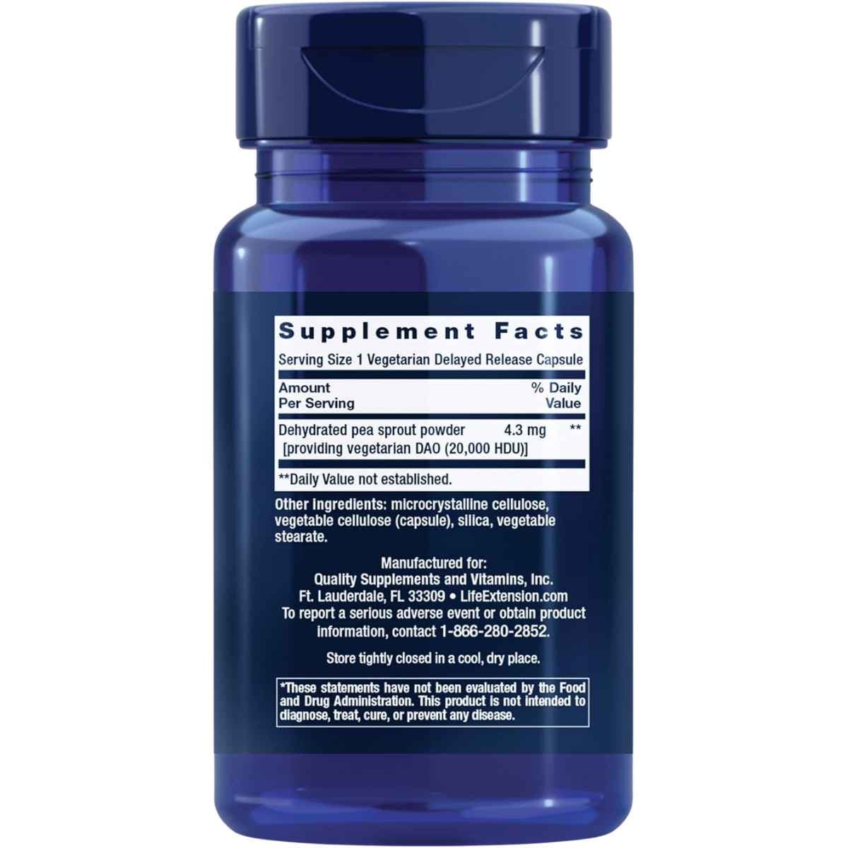 Tabla nutricional del suplemento Life Extension Diamino Oxidasa (DAO) 60 cápsulas
