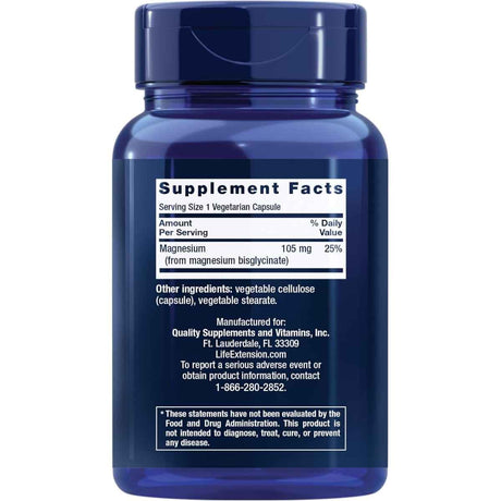 Tabla nutricional del suplemento Life Extension Glicinato de Magnesio 90 Cápsulas Vegetarianas