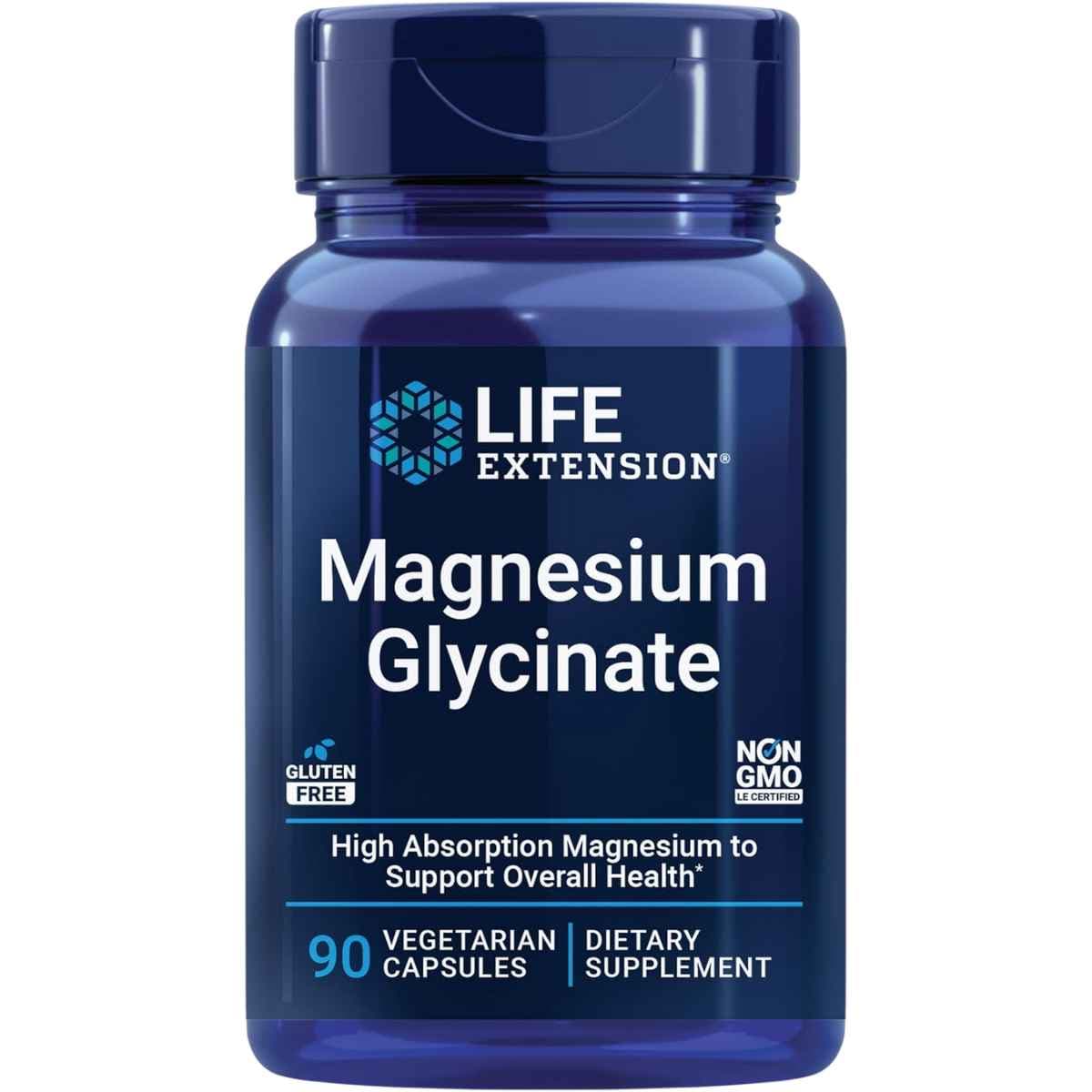 Frasco de suplemento Life Extension Glicinato de Magnesio 90 Cápsulas Vegetarianas