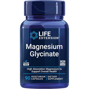 Frasco de suplemento Life Extension Glicinato de Magnesio 90 Cápsulas Vegetarianas