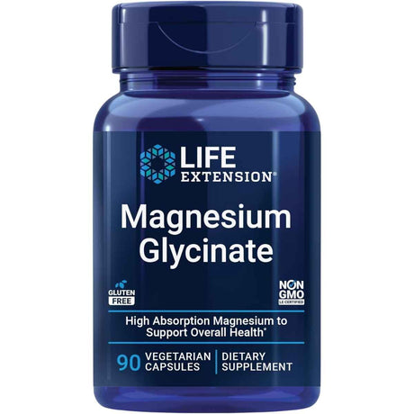 Frasco de suplemento Life Extension Glicinato de Magnesio 90 Cápsulas Vegetarianas
