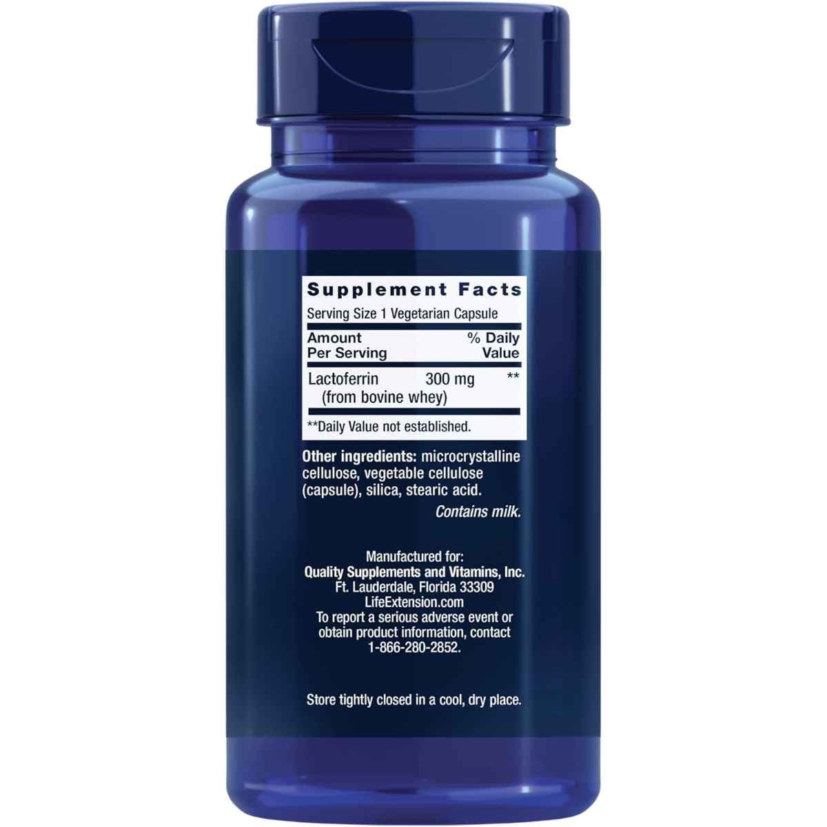 Tabla nutricional del suplemento Life Extension Lactoferrina 300 mg 60 Cápsulas Vegetarianas