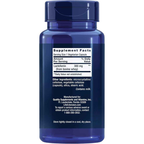 Tabla nutricional del suplemento Life Extension Lactoferrina 300 mg 60 Cápsulas Vegetarianas