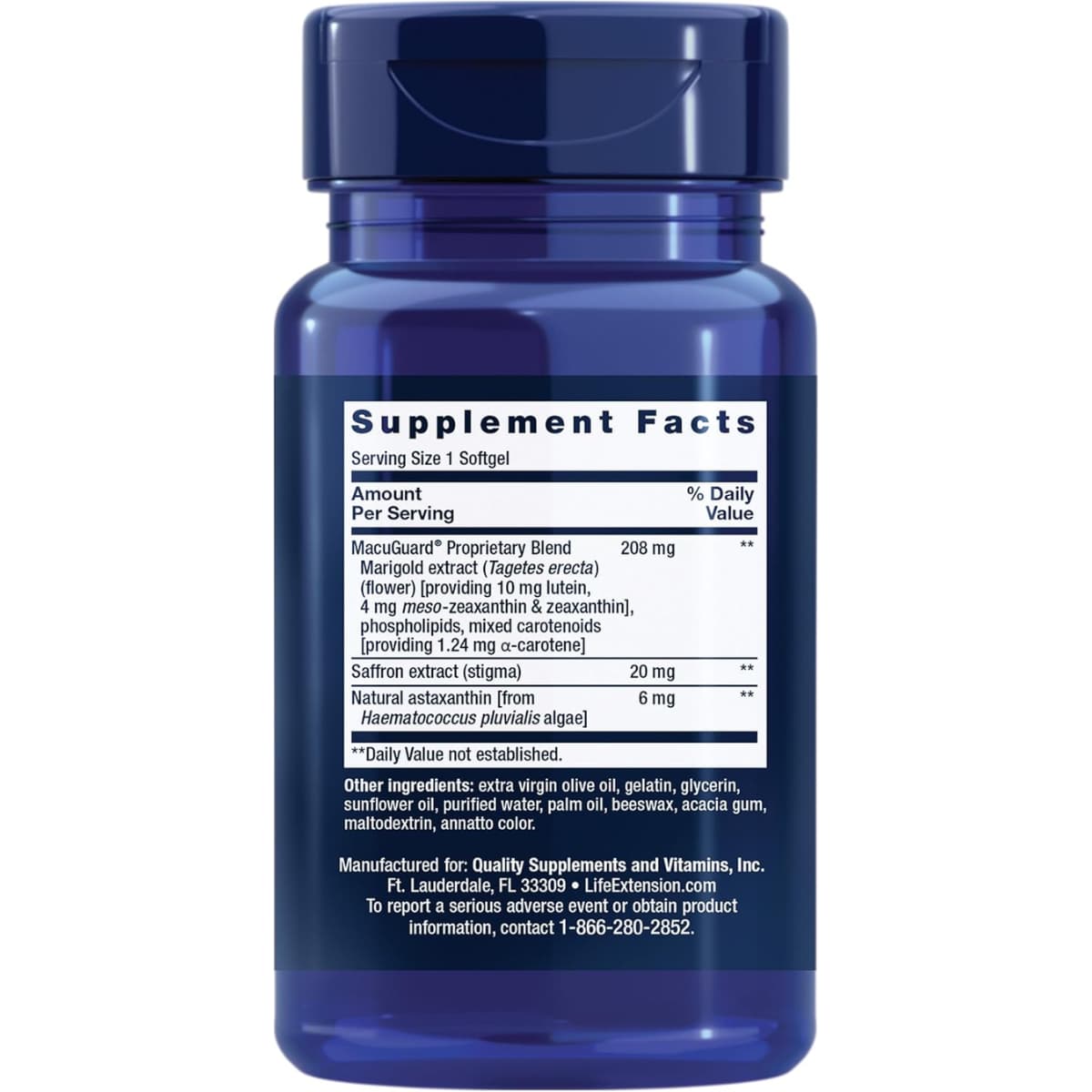 Tabla nutricional del suplemento Life Extension MacuGuard Ocular Support 60 cápsulas