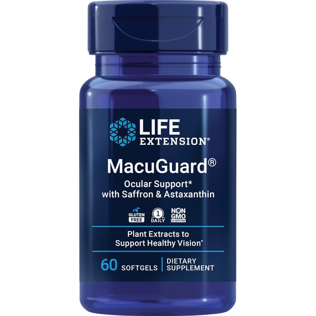 Frasco de suplemento Life Extension MacuGuard Ocular Support 60 cápsulas