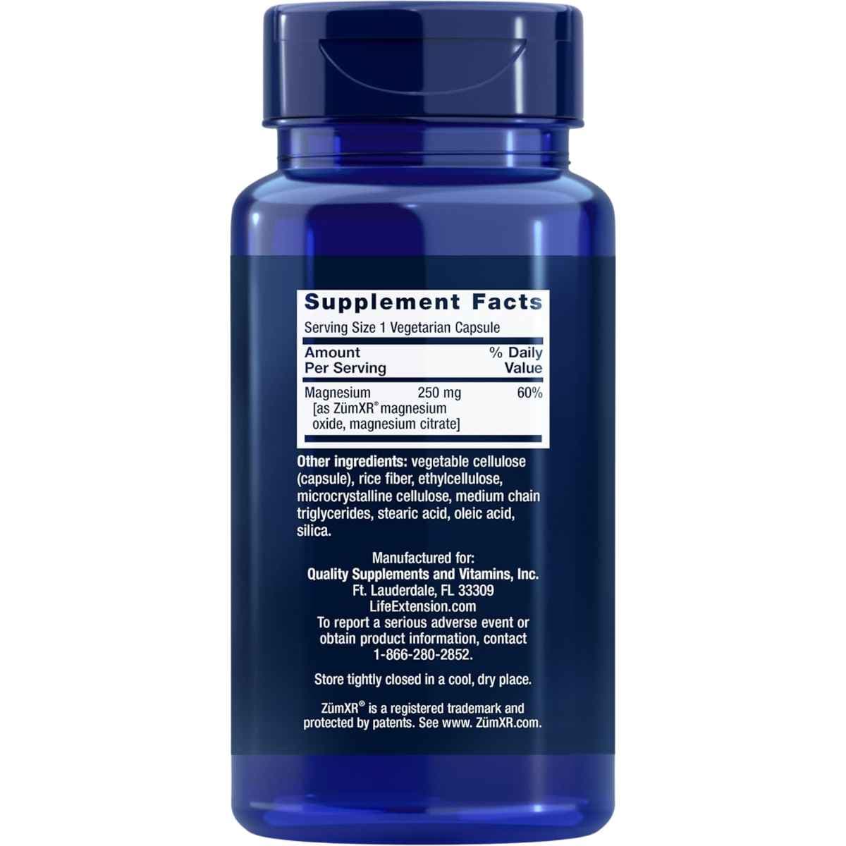 Tabla nutricional del suplemento Life Extension Magnesio de Liberación Prolongada 250 mg 60 Cápsulas Vegetarianas
