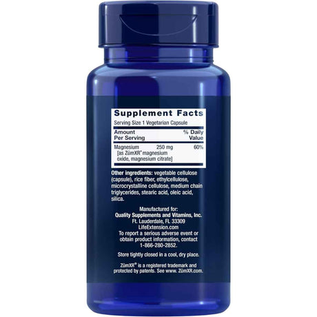 Tabla nutricional del suplemento Life Extension Magnesio de Liberación Prolongada 250 mg 60 Cápsulas Vegetarianas