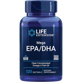 Frasco de Life Extension Mega EPA/DHA, presentación de 120 cápsulas blandas.