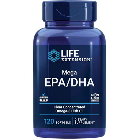 Frasco de Life Extension Mega EPA/DHA, presentación de 120 cápsulas blandas.