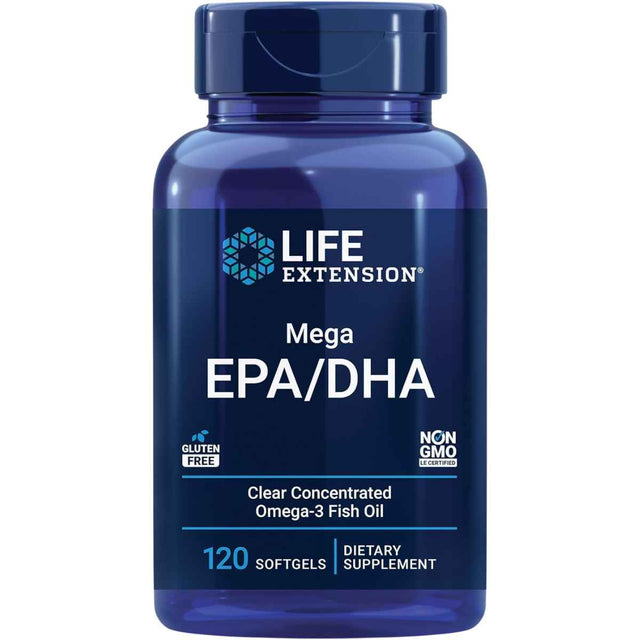 Frasco de Life Extension Mega EPA/DHA, presentación de 120 cápsulas blandas.