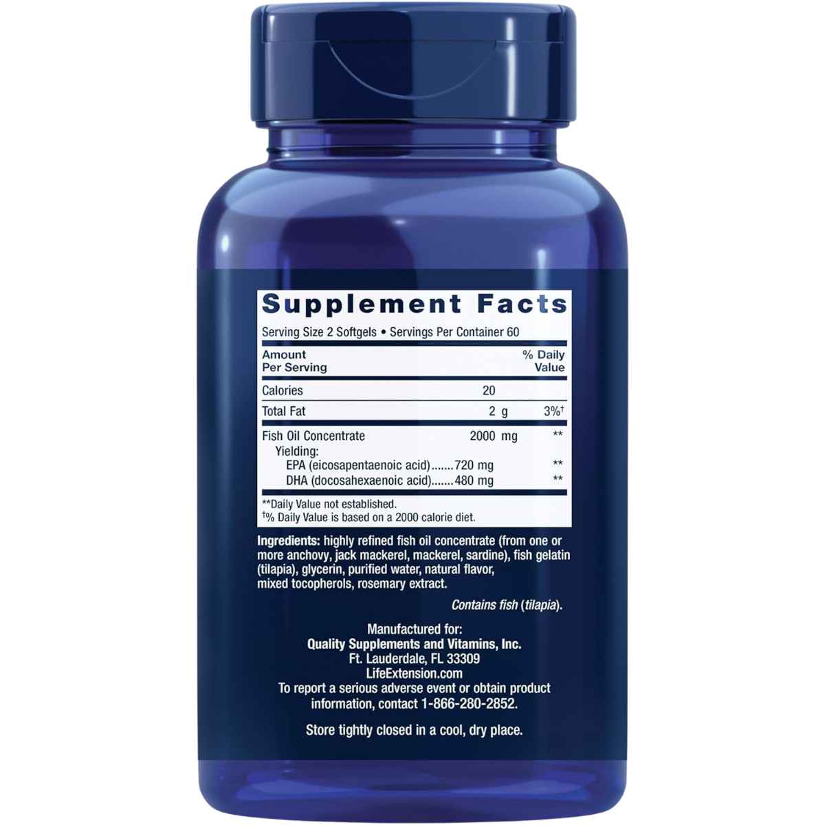 Etiqueta Supplement Facts de Life Extension Mega EPA/DHA, presentación de 120 cápsulas blandas.