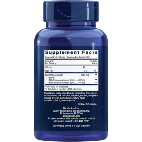 Etiqueta Supplement Facts de Life Extension Mega EPA/DHA, presentación de 120 cápsulas blandas.