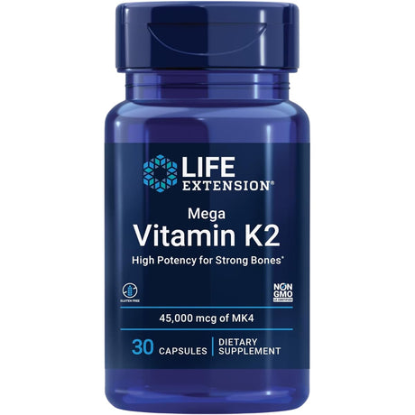 Frasco frontal de Life Extension Mega vitamina K2 MK-4 45 mg, 30 cápsulas