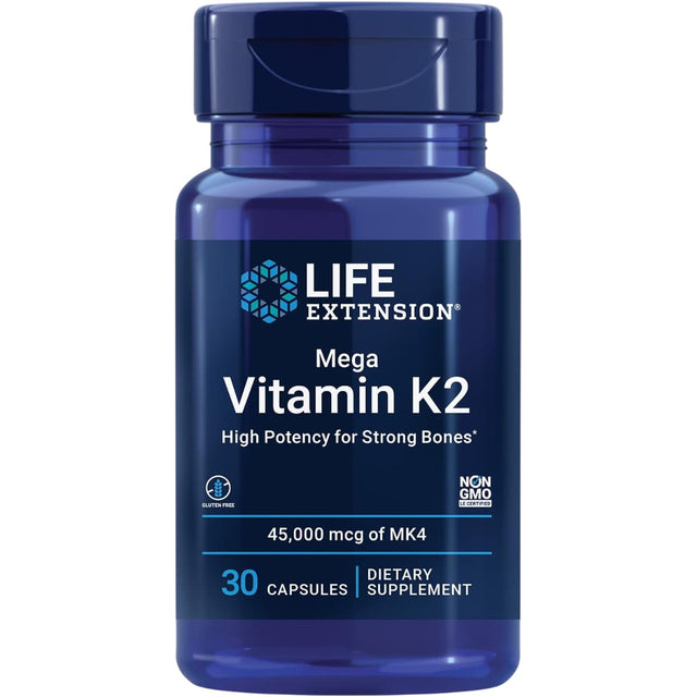 Frasco frontal de Life Extension Mega vitamina K2 MK-4 45 mg, 30 cápsulas
