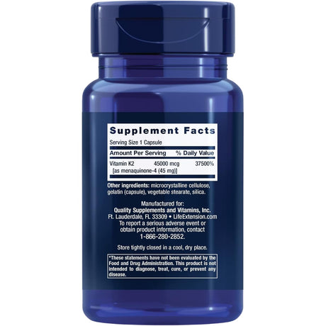 Información del suplemento Life Extension Mega vitamina K2 MK-4 45 mg, 30 cápsulas