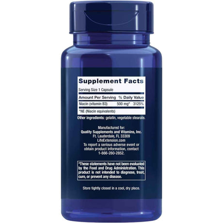 Tabla nutricional del suplemento Life Extension Niacina (Vitamina B3) 500 mg 100 Cápsulas