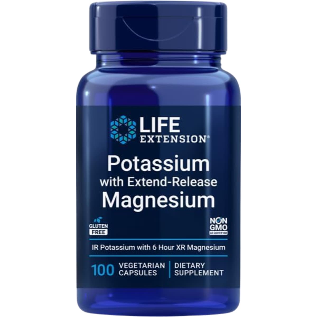 Frasco frontal de Life Extension potasio con magnesio en presentación de 100 cápsulas