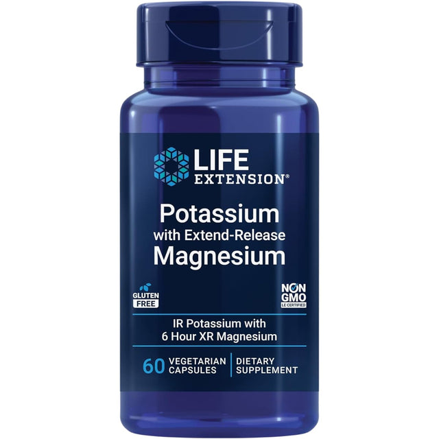 Frasco frontal de Life Extension potasio con magnesio en presentación de 60 cápsulas