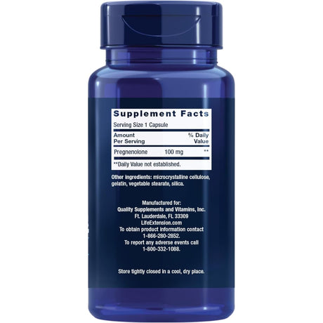 Tabla nutricional del suplemento Life Extension Pregnenolona 100 cápsulas