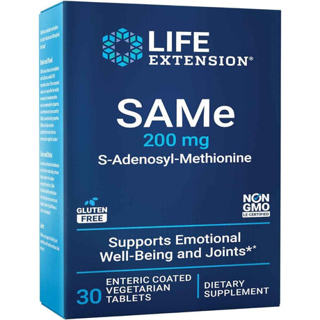 Frasco de suplemento Life Extension SAMe 200 mg 30 tabletas