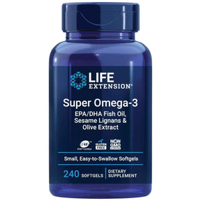 Frasco de Life Extension Super Omega-3, presentación de 240 cápsulas blandas.