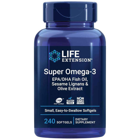 Frasco de Life Extension Super Omega-3, presentación de 240 cápsulas blandas.