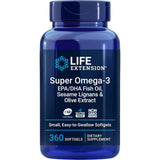 Frasco de Life Extension Super Omega-3, presentación de 360 cápsulas blandas.