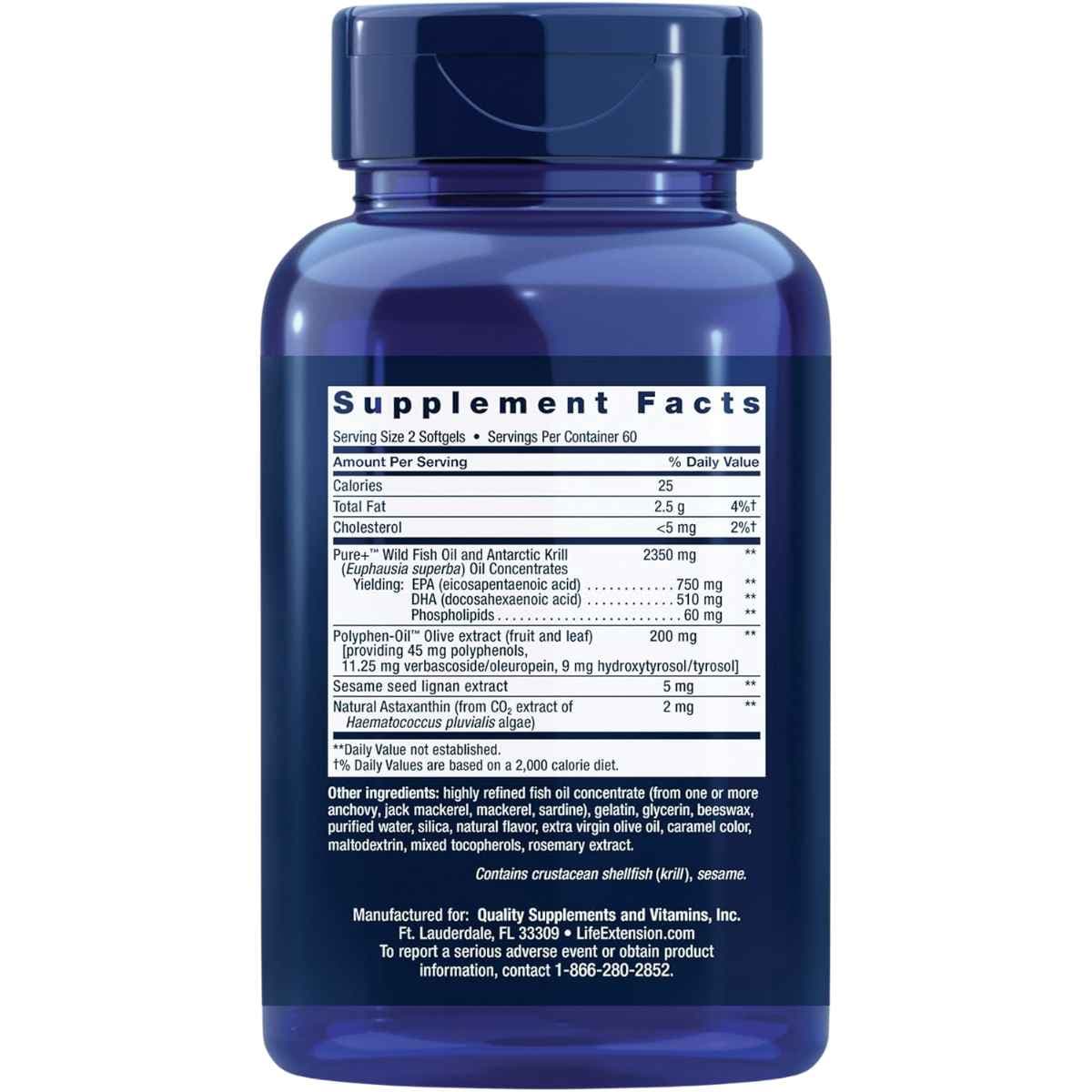 Tabla nutricional del suplemento Life Extension Super Omega-3 Plus Aceite Pescado 120 cápsulas blandas